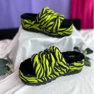 UGG Fluff Yeah Zebra Print Neon Yellow Black Fur  Slides Women size 8